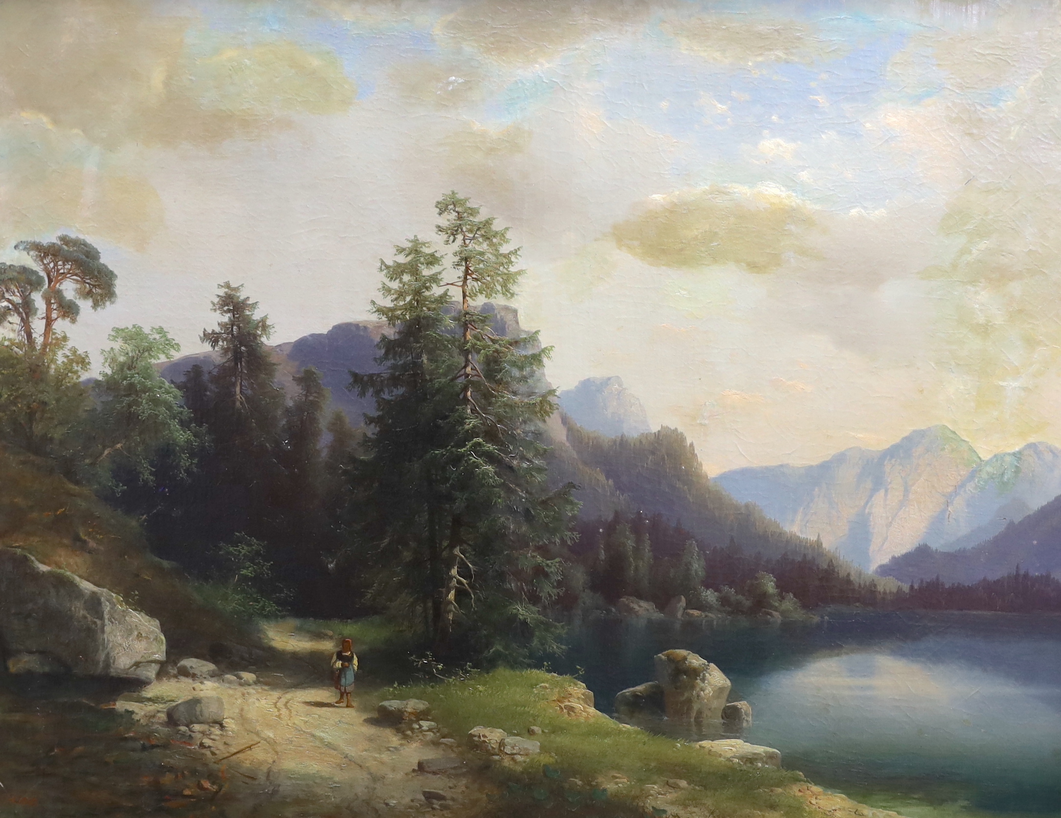 Carl Hasch (Austrian, 1836-1897), oil on canvas, Continental lakeside landscape before mountains, signed, 72 x 93cm